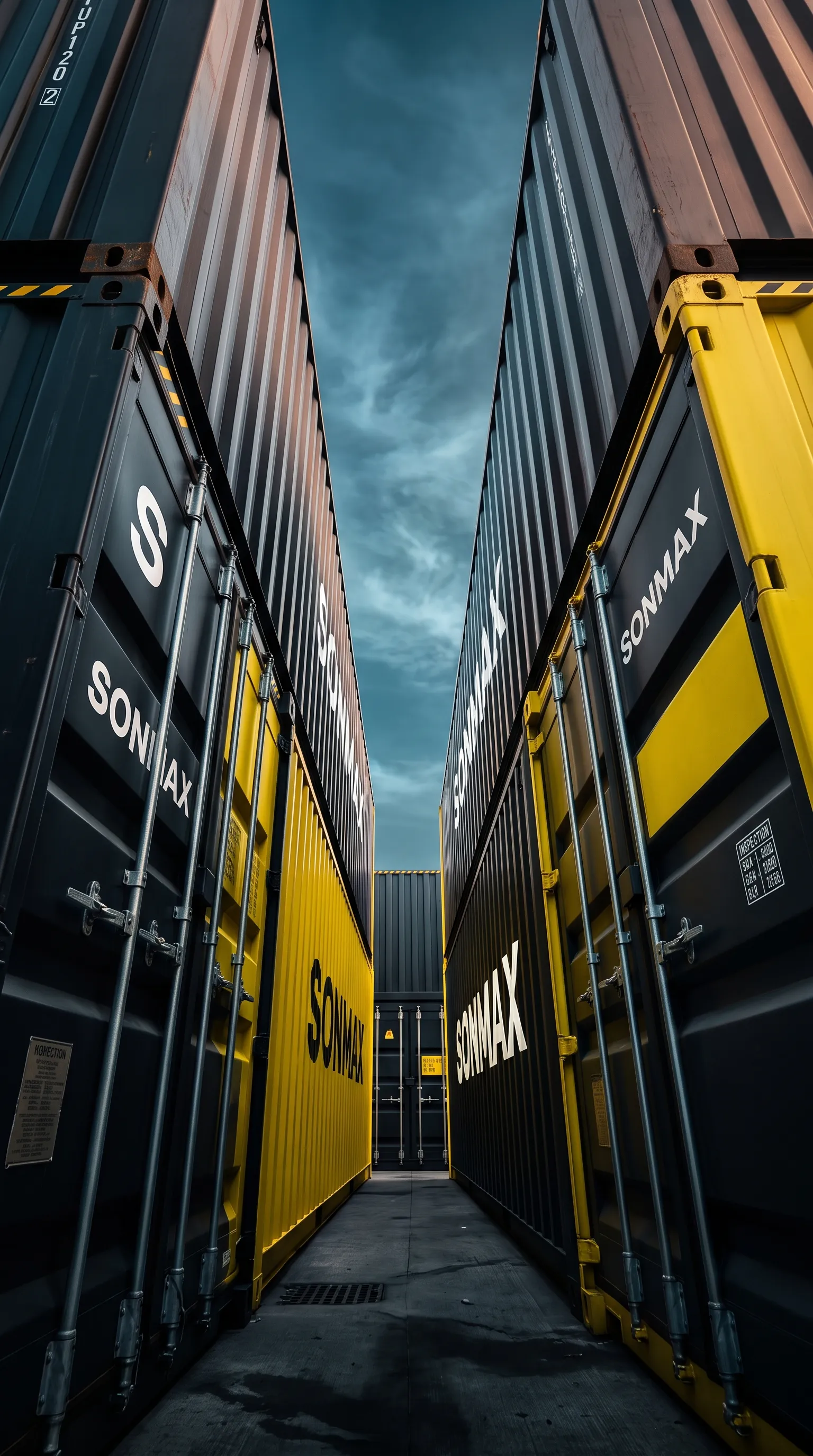 Прохід між жовтими та чорними морськими контейнерами SONMAX